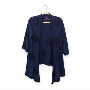 Johnny Was Navy Black Embroidered Draped Open Cardigan Size XS